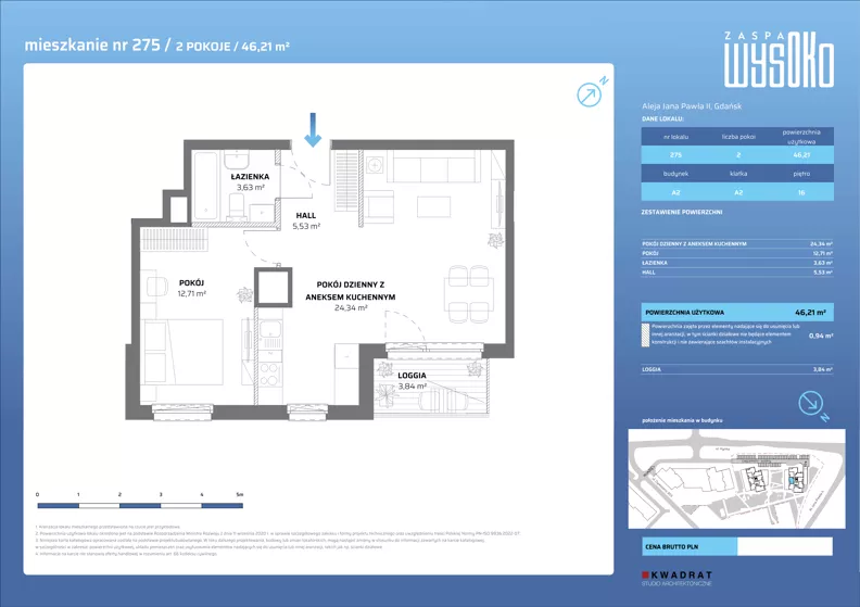 2 pokoje, mieszkanie 46,21 m², piętro 16, oferta nr A2/275, Zaspa Wysoko, Gdańsk, Zaspa, Zaspa-Młyniec, aleja Jana Pawła II
