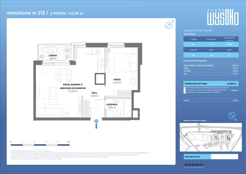 2 pokoje, mieszkanie 43,90 m², piętro 8, oferta nr A2/212, Zaspa Wysoko, Gdańsk, Zaspa, Zaspa-Młyniec, aleja Jana Pawła II