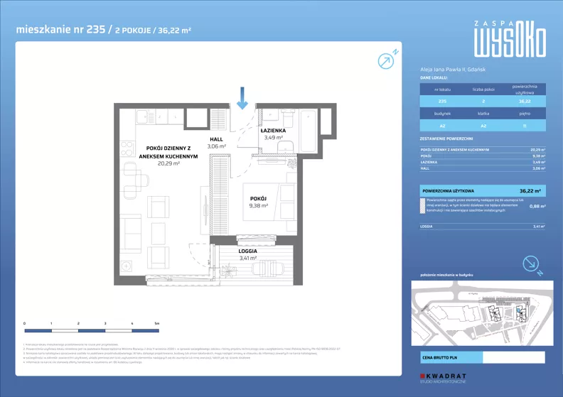 2 pokoje, mieszkanie 36,22 m², piętro 11, oferta nr A2/235, Zaspa Wysoko, Gdańsk, Zaspa, Zaspa-Młyniec, aleja Jana Pawła II