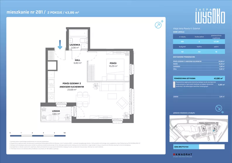 2 pokoje, mieszkanie 43,86 m², piętro 16, oferta nr A2/281, Zaspa Wysoko, Gdańsk, Zaspa, Zaspa-Młyniec, aleja Jana Pawła II