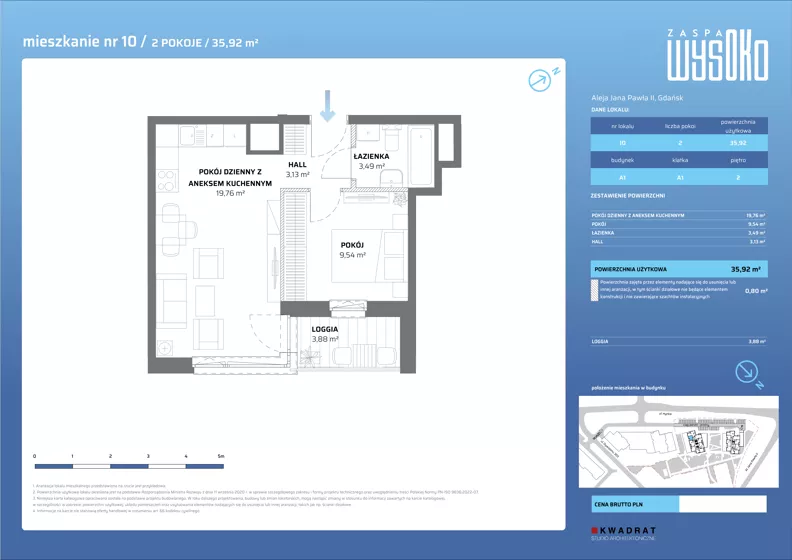2 pokoje, mieszkanie 35,92 m², piętro 2, oferta nr A1/10, Zaspa Wysoko, Gdańsk, Zaspa, Zaspa-Młyniec, aleja Jana Pawła II
