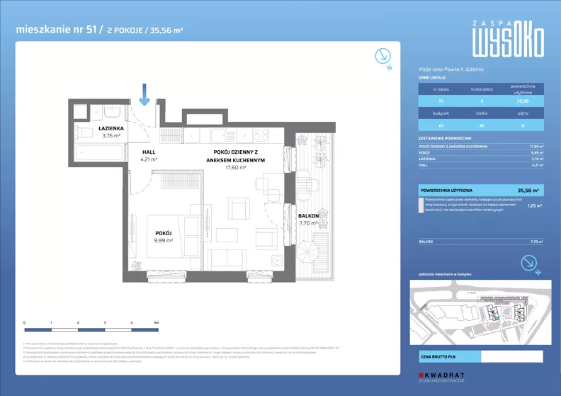 2 pokoje, mieszkanie 35,56 m², piętro 6, oferta nr A1/51, Zaspa Wysoko, Gdańsk, Zaspa, Zaspa-Młyniec, aleja Jana Pawła II