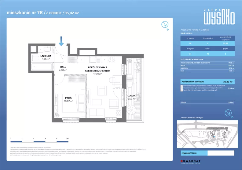 2 pokoje, mieszkanie 35,82 m², piętro 9, oferta nr A1/78, Zaspa Wysoko, Gdańsk, Zaspa, Zaspa-Młyniec, aleja Jana Pawła II