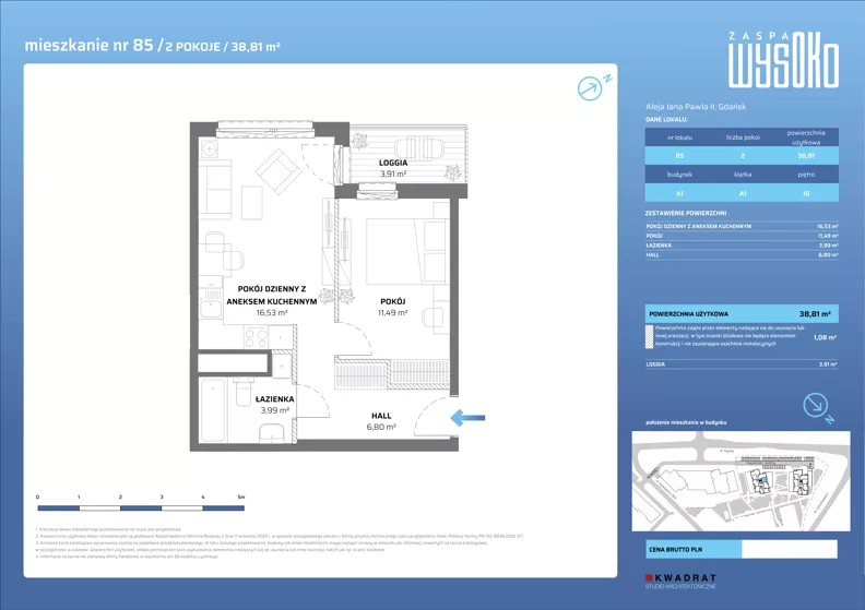 2 pokoje, mieszkanie 38,81 m², piętro 10, oferta nr A1/85, Zaspa Wysoko, Gdańsk, Zaspa, Zaspa-Młyniec, aleja Jana Pawła II