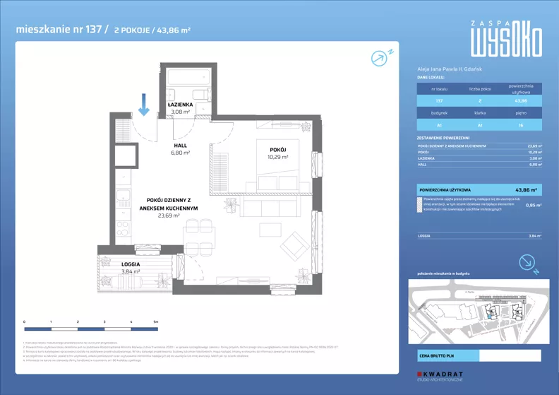 2 pokoje, mieszkanie 43,86 m², piętro 16, oferta nr A1/137, Zaspa Wysoko, Gdańsk, Zaspa, Zaspa-Młyniec, aleja Jana Pawła II