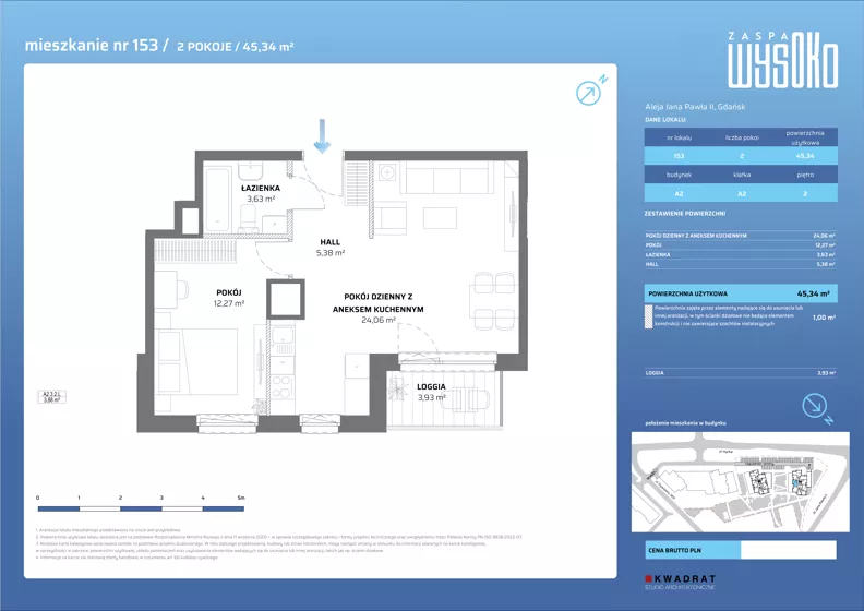 2 pokoje, mieszkanie 45,34 m², piętro 2, oferta nr A2/153, Zaspa Wysoko, Gdańsk, Zaspa, Zaspa-Młyniec, aleja Jana Pawła II