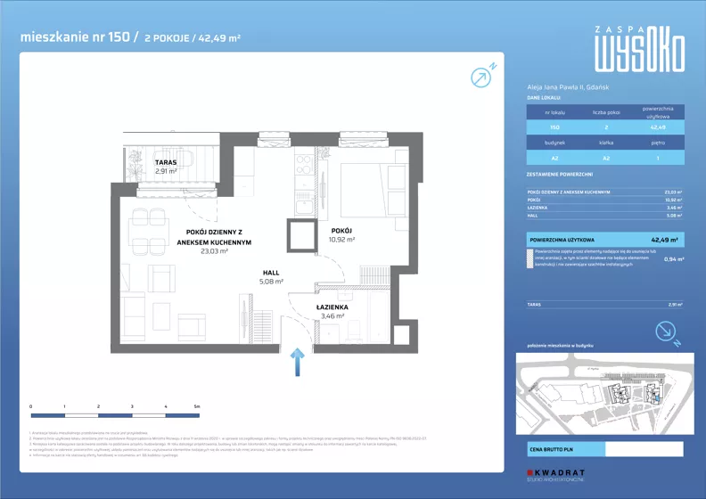 2 pokoje, mieszkanie 42,49 m², piętro 1, oferta nr A2/150, Zaspa Wysoko, Gdańsk, Zaspa, Zaspa-Młyniec, aleja Jana Pawła II