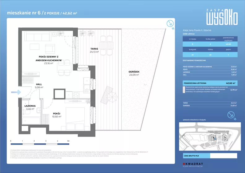 2 pokoje, mieszkanie 42,62 m², piętro 1, oferta nr A1/6, Zaspa Wysoko, Gdańsk, Zaspa, Zaspa-Młyniec, aleja Jana Pawła II