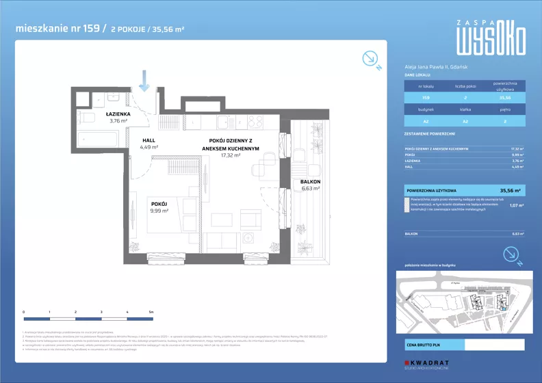 2 pokoje, mieszkanie 35,56 m², piętro 2, oferta nr A2/159, Zaspa Wysoko, Gdańsk, Zaspa, Zaspa-Młyniec, aleja Jana Pawła II