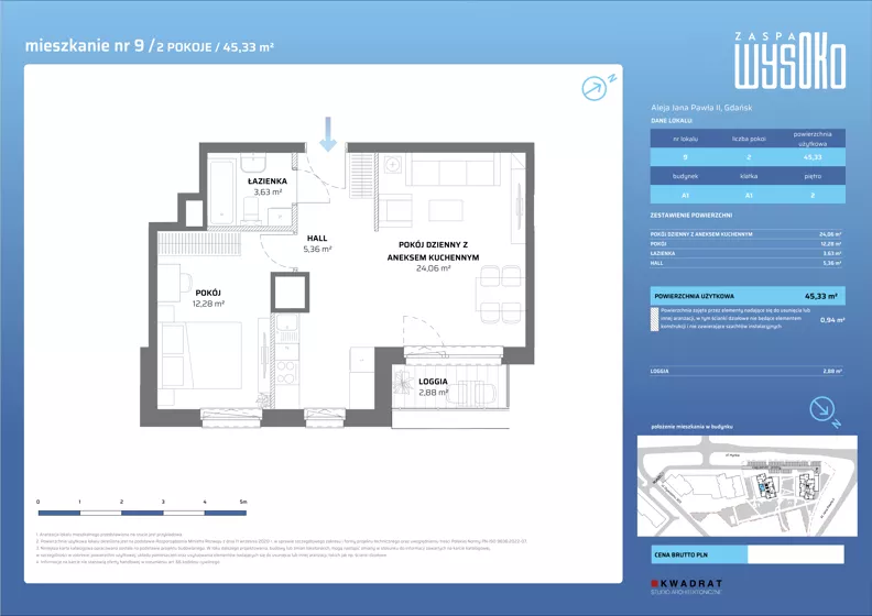 2 pokoje, mieszkanie 45,33 m², piętro 2, oferta nr A1/9, Zaspa Wysoko, Gdańsk, Zaspa, Zaspa-Młyniec, aleja Jana Pawła II
