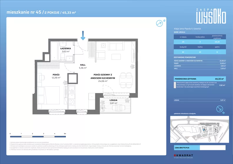 2 pokoje, mieszkanie 45,33 m², piętro 6, oferta nr A1/45, Zaspa Wysoko, Gdańsk, Zaspa, Zaspa-Młyniec, aleja Jana Pawła II