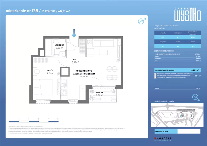 2 pokoje, mieszkanie 46,21 m², piętro 17, oferta nr A1/138, Zaspa Wysoko, Gdańsk, Zaspa, Zaspa-Młyniec, aleja Jana Pawła II
