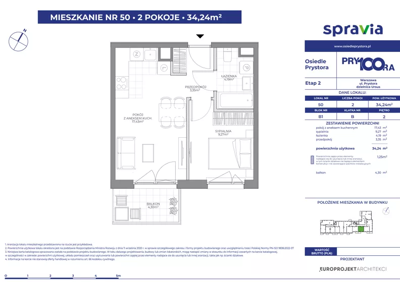 2 pokoje, mieszkanie 34,24 m², piętro 2, oferta nr 1/50, Osiedle Prystora II, Warszawa, Ursus, Skorosze, ul. Aleksandra Prystora 2