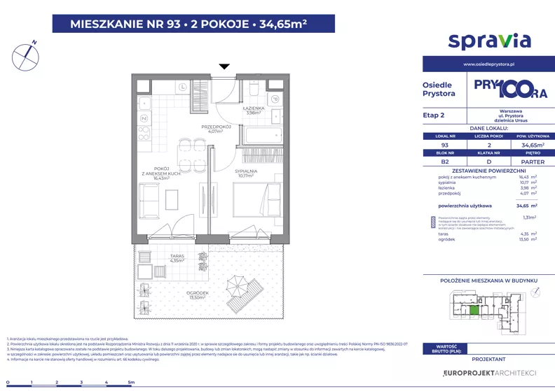 2 pokoje, mieszkanie 34,65 m², parter, oferta nr 2/93, Osiedle Prystora II, Warszawa, Ursus, Skorosze, ul. Aleksandra Prystora 2
