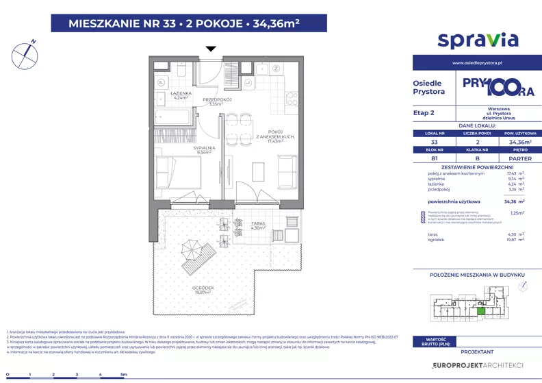2 pokoje, mieszkanie 34,36 m², parter, oferta nr 1/33, Osiedle Prystora II, Warszawa, Ursus, Skorosze, ul. Aleksandra Prystora 2