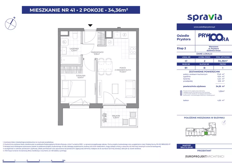 2 pokoje, mieszkanie 34,36 m², piętro 1, oferta nr 1/41, Osiedle Prystora II, Warszawa, Ursus, Skorosze, ul. Aleksandra Prystora 2