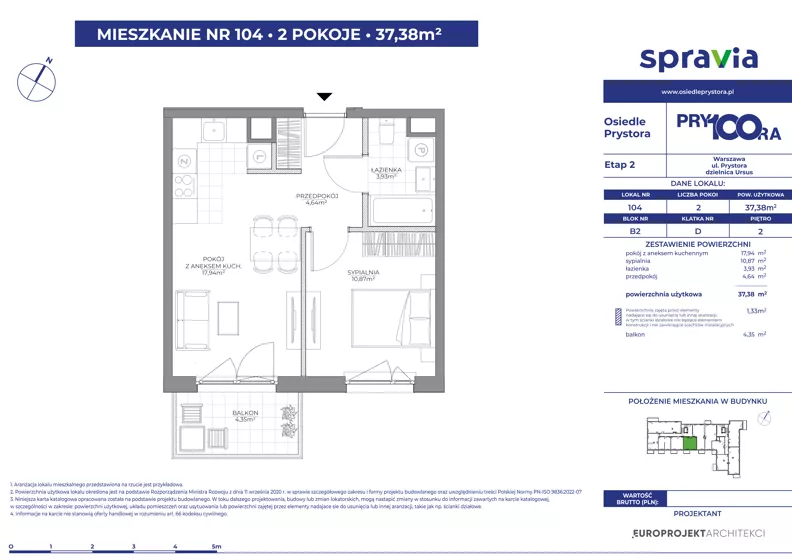 2 pokoje, mieszkanie 37,38 m², piętro 2, oferta nr 2/104, Osiedle Prystora II, Warszawa, Ursus, Skorosze, ul. Aleksandra Prystora 2