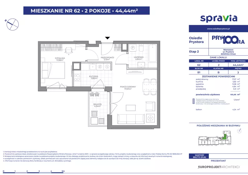 2 pokoje, mieszkanie 44,44 m², piętro 3, oferta nr 1/62, Osiedle Prystora II, Warszawa, Ursus, Skorosze, ul. Aleksandra Prystora 2