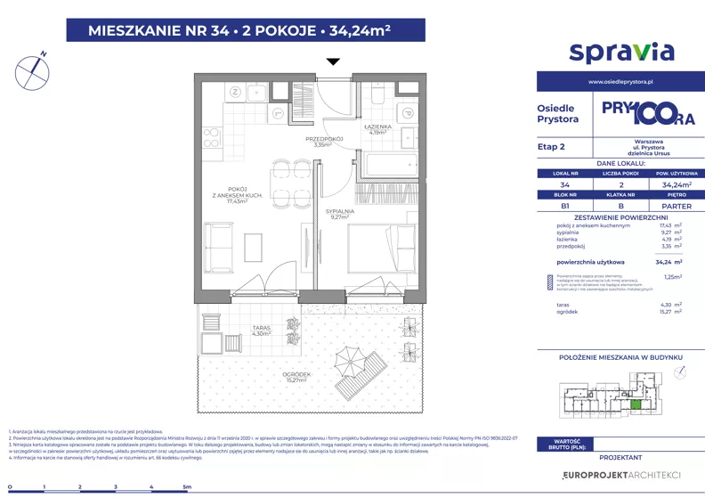 2 pokoje, mieszkanie 34,24 m², parter, oferta nr 1/34, Osiedle Prystora II, Warszawa, Ursus, Skorosze, ul. Aleksandra Prystora 2