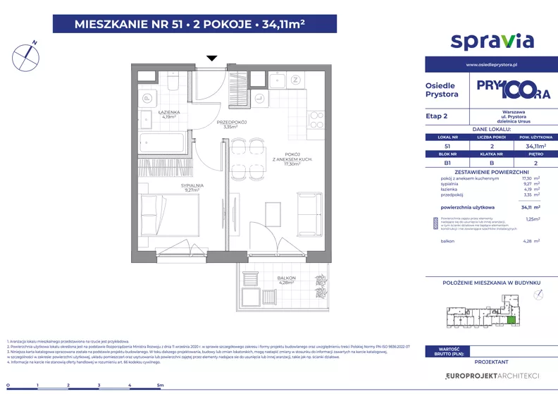 2 pokoje, mieszkanie 34,11 m², piętro 2, oferta nr 1/51, Osiedle Prystora II, Warszawa, Ursus, Skorosze, ul. Aleksandra Prystora 2