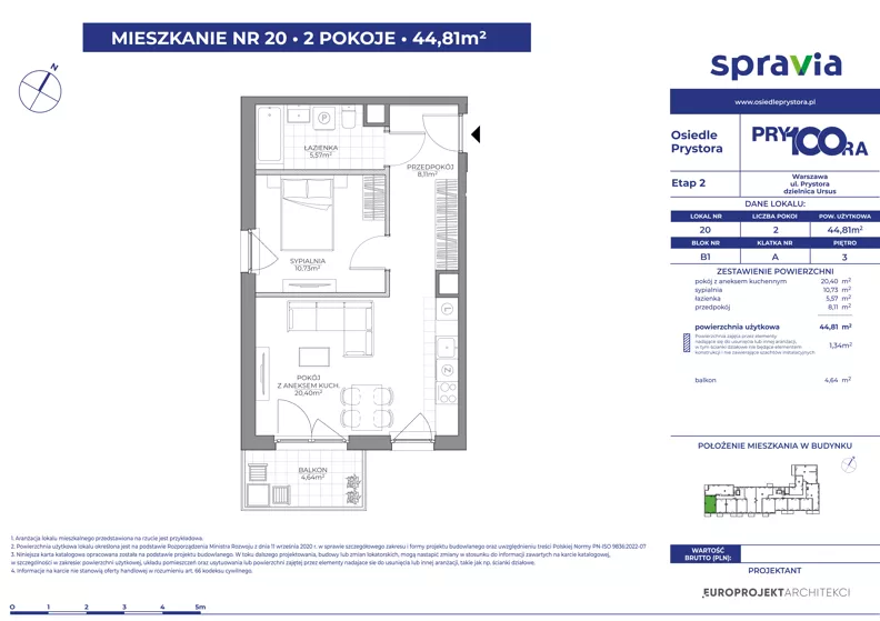 2 pokoje, mieszkanie 44,81 m², piętro 3, oferta nr 1/20, Osiedle Prystora II, Warszawa, Ursus, Skorosze, ul. Aleksandra Prystora 2