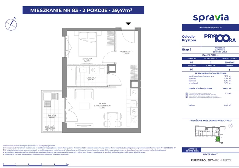 2 pokoje, mieszkanie 39,47 m², piętro 3, oferta nr 2/83, Osiedle Prystora II, Warszawa, Ursus, Skorosze, ul. Aleksandra Prystora 2