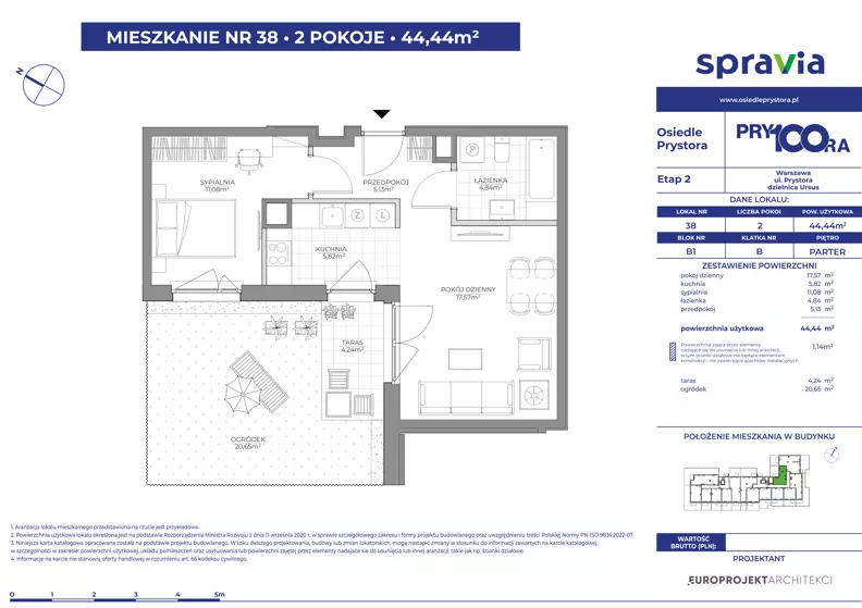 2 pokoje, mieszkanie 44,44 m², parter, oferta nr 1/38, Osiedle Prystora II, Warszawa, Ursus, Skorosze, ul. Aleksandra Prystora 2