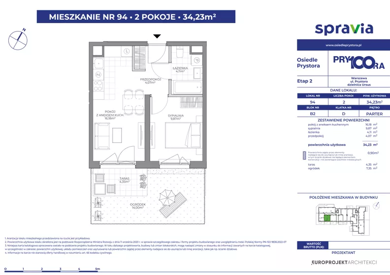 2 pokoje, mieszkanie 34,23 m², parter, oferta nr 2/94, Osiedle Prystora II, Warszawa, Ursus, Skorosze, ul. Aleksandra Prystora 2