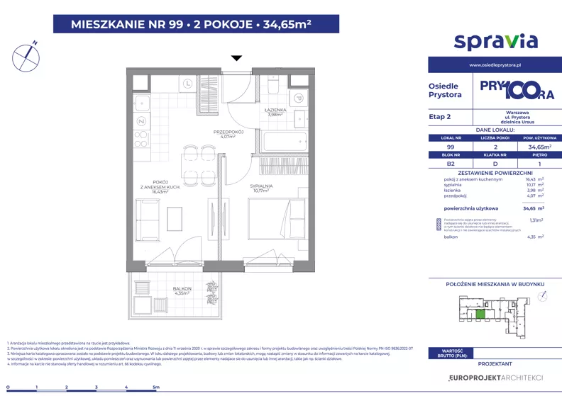 2 pokoje, mieszkanie 34,65 m², piętro 1, oferta nr 2/99, Osiedle Prystora II, Warszawa, Ursus, Skorosze, ul. Aleksandra Prystora 2