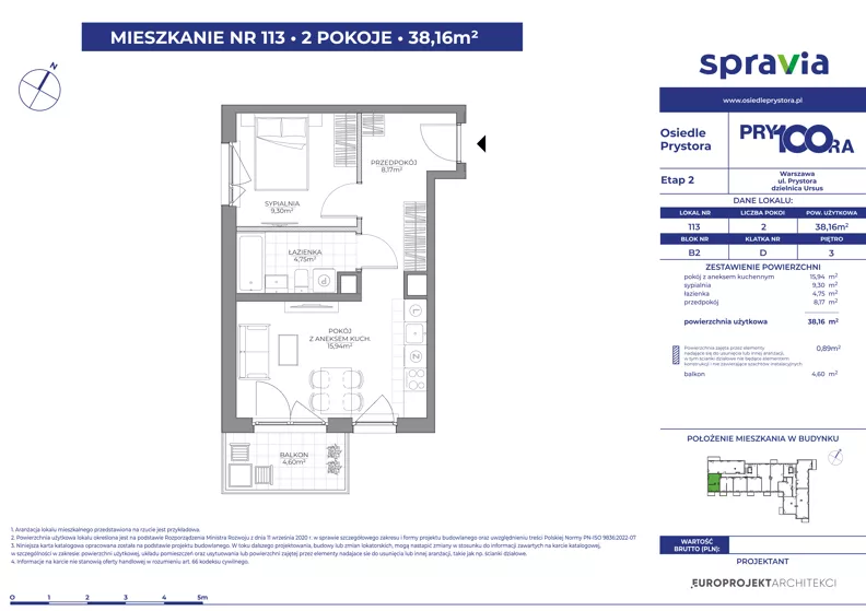 2 pokoje, mieszkanie 38,16 m², piętro 3, oferta nr 2/113, Osiedle Prystora II, Warszawa, Ursus, Skorosze, ul. Aleksandra Prystora 2
