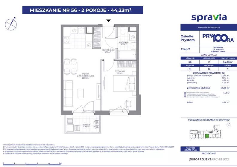 2 pokoje, mieszkanie 44,23 m², piętro 3, oferta nr 1/56, Osiedle Prystora II, Warszawa, Ursus, Skorosze, ul. Aleksandra Prystora 2