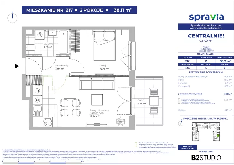 2 pokoje, mieszkanie 38,11 m², piętro 5, oferta nr 51E/217, Osiedle Centralnie!, Kraków, Czyżyny, Łęg, ul. Centralna 51D, 51E