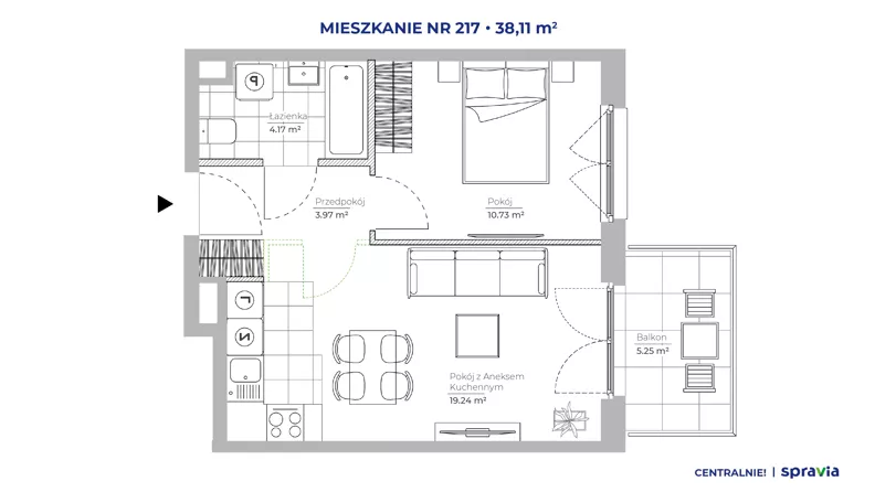 2 pokoje, mieszkanie 38,11 m², piętro 5, oferta nr 51E/217, Osiedle Centralnie!, Kraków, Czyżyny, Łęg, ul. Centralna 51D, 51E