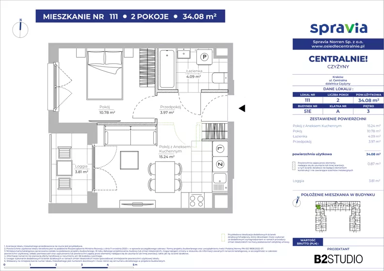 2 pokoje, mieszkanie 34,08 m², piętro 3, oferta nr 51E/111, Osiedle Centralnie!, Kraków, Czyżyny, Łęg, ul. Centralna 51D, 51E