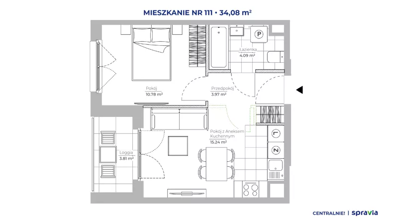 2 pokoje, mieszkanie 34,08 m², piętro 3, oferta nr 51E/111, Osiedle Centralnie!, Kraków, Czyżyny, Łęg, ul. Centralna 51D, 51E