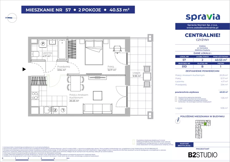 2 pokoje, mieszkanie 40,53 m², piętro 1, oferta nr 51D/57, Osiedle Centralnie!, Kraków, Czyżyny, Łęg, ul. Centralna 51D, 51E
