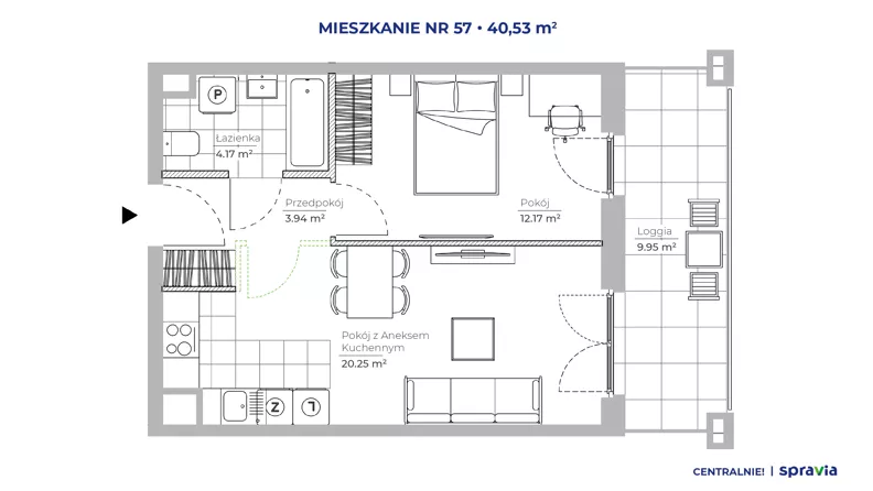 2 pokoje, mieszkanie 40,53 m², piętro 1, oferta nr 51D/57, Osiedle Centralnie!, Kraków, Czyżyny, Łęg, ul. Centralna 51D, 51E