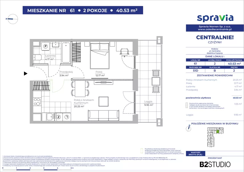 2 pokoje, mieszkanie 40,53 m², piętro 2, oferta nr 51D/61, Osiedle Centralnie!, Kraków, Czyżyny, Łęg, ul. Centralna 51D, 51E