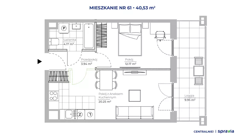 2 pokoje, mieszkanie 40,53 m², piętro 2, oferta nr 51D/61, Osiedle Centralnie!, Kraków, Czyżyny, Łęg, ul. Centralna 51D, 51E