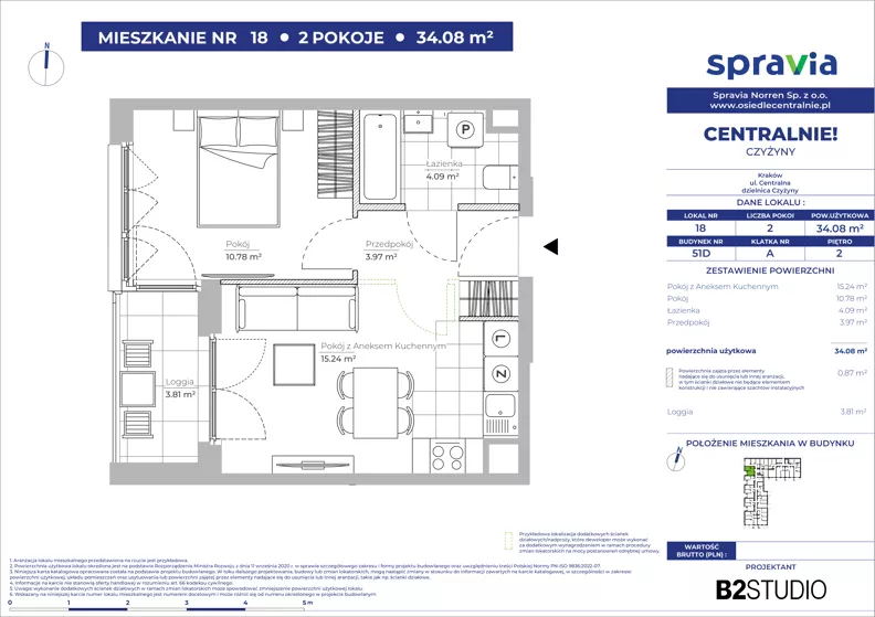 2 pokoje, mieszkanie 34,08 m², piętro 2, oferta nr 51D/18, Osiedle Centralnie!, Kraków, Czyżyny, Łęg, ul. Centralna 51D, 51E