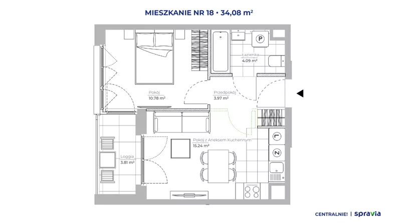 2 pokoje, mieszkanie 34,08 m², piętro 2, oferta nr 51D/18, Osiedle Centralnie!, Kraków, Czyżyny, Łęg, ul. Centralna 51D, 51E