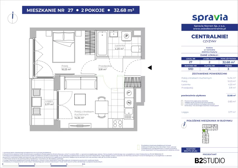 2 pokoje, mieszkanie 32,68 m², piętro 3, oferta nr 51D/27, Osiedle Centralnie!, Kraków, Czyżyny, Łęg, ul. Centralna 51D, 51E