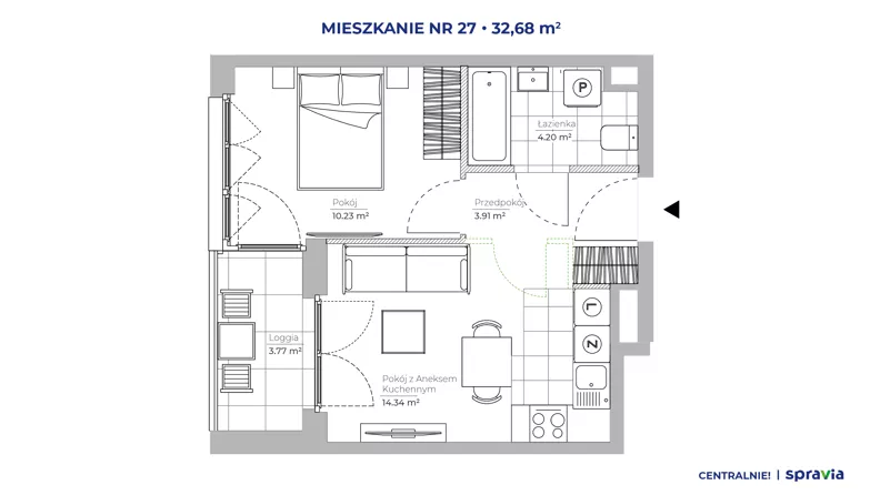 2 pokoje, mieszkanie 32,68 m², piętro 3, oferta nr 51D/27, Osiedle Centralnie!, Kraków, Czyżyny, Łęg, ul. Centralna 51D, 51E
