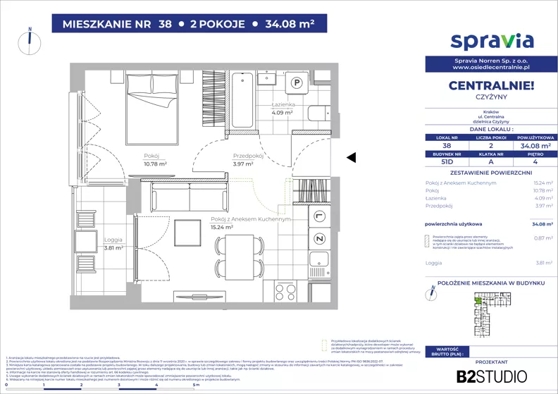 2 pokoje, mieszkanie 34,08 m², piętro 4, oferta nr 51D/38, Osiedle Centralnie!, Kraków, Czyżyny, Łęg, ul. Centralna 51D, 51E