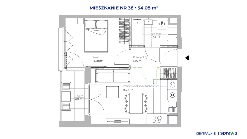 2 pokoje, mieszkanie 34,08 m², piętro 4, oferta nr 51D/38, Osiedle Centralnie!, Kraków, Czyżyny, Łęg, ul. Centralna 51D, 51E