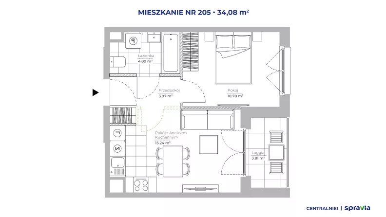 2 pokoje, mieszkanie 34,08 m², piętro 4, oferta nr 51E/205, Osiedle Centralnie!, Kraków, Czyżyny, Łęg, ul. Centralna 51D, 51E