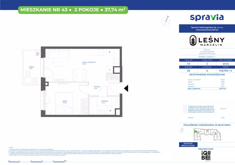 2 pokoje, mieszkanie 37,74 m², piętro 4, oferta nr 28/43, Leśny Marcelin, Poznań, Grunwald, Junikowo, ul. Jeleniogórska