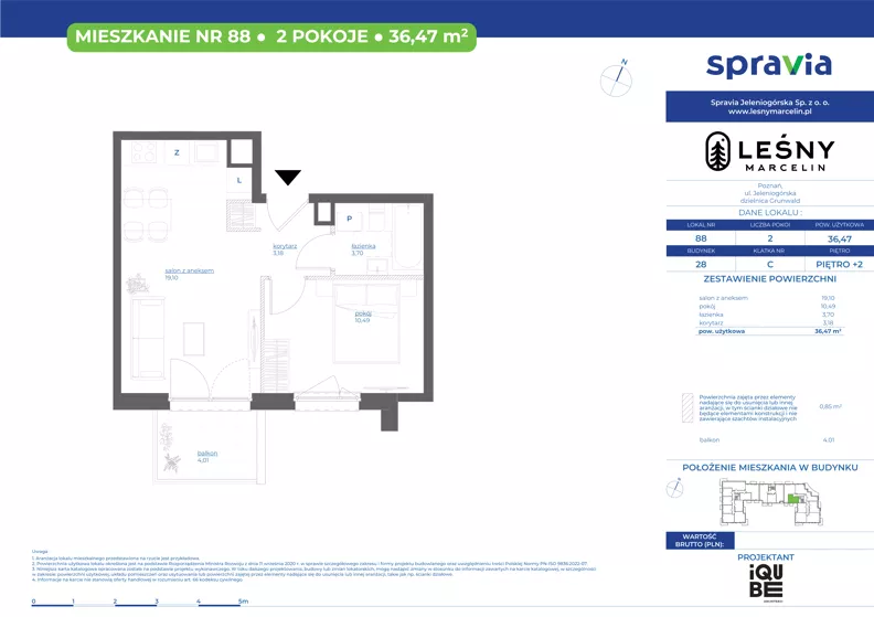 2 pokoje, mieszkanie 36,47 m², piętro 2, oferta nr 28/88, Leśny Marcelin, Poznań, Grunwald, Junikowo, ul. Jeleniogórska