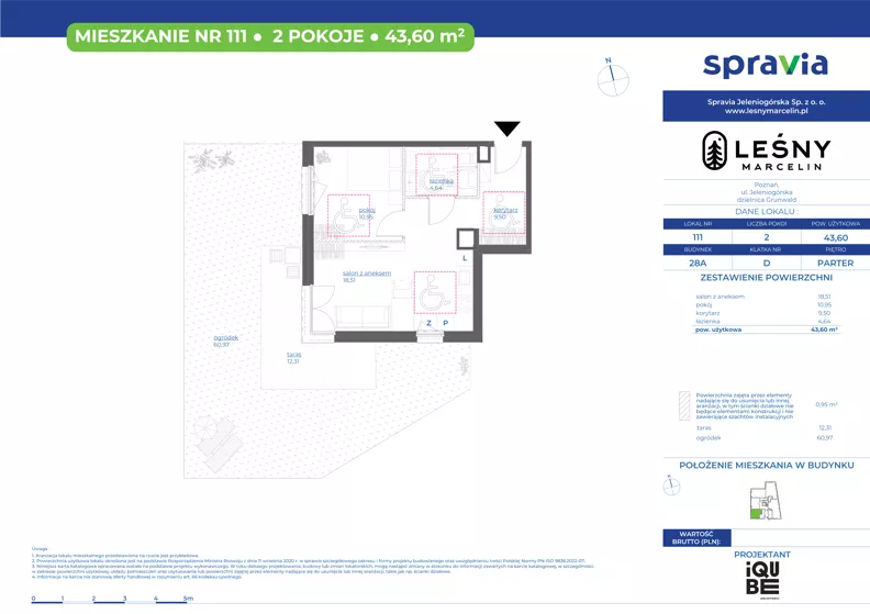 2 pokoje, mieszkanie 43,60 m², parter, oferta nr 28A/111, Leśny Marcelin, Poznań, Grunwald, Junikowo, ul. Jeleniogórska