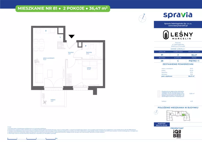 2 pokoje, mieszkanie 36,47 m², piętro 1, oferta nr 28/81, Leśny Marcelin, Poznań, Grunwald, Junikowo, ul. Jeleniogórska